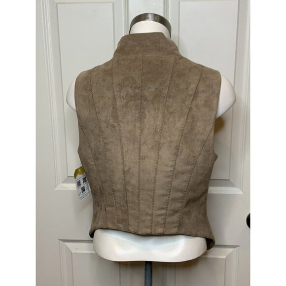 BCBG Max Azria Khaki Brown Faux Suede Asymmetrical Button-Up Vest, Size M - Picture 5 of 9
